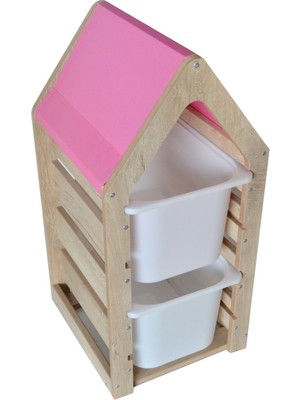 Damla Toys Montessori Pembe Oyuncak Saklama Düzenleme Ünitesi Dolabı - 2 Büyük Beyaz Trofast Sepetli
