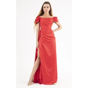 Kırmızı Drape Detaylı Saten Kumaş Abiye 9704858.08