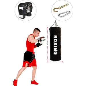 Spor Byfit 80 cm x 30 cm Siyah Boks Torbası + Boks Eldiveni +  Tavan Kancası - 3' Lü Set - Dolu
