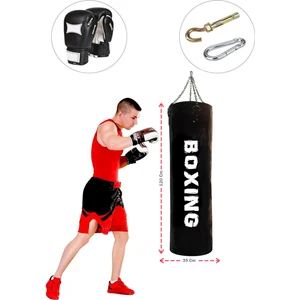 Spor Byfit 120 cm x 35 cm Siyah Boks Torbası + Boks Eldiveni +  Tavan Kancası - 3' Lü Set - Dolu