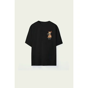 Erkek Samuray Cat Baskılı Siyah Oversize Tshirt