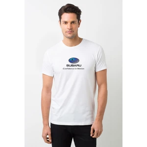 Araba Subaru Logo Baskılı Beyaz Erkek Örme Tshirt
