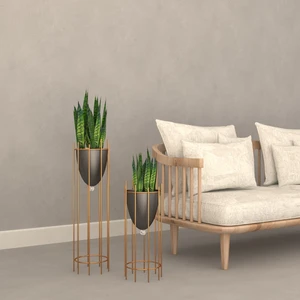 Tasarım Evi Dekoratif Altın Renkli 2'li Büyük Ayaklı Vazo, Çiçeklik, Saksılık