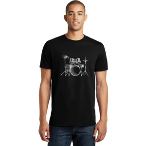 Bateri Drum Watercolor Baskılı Siyah Erkek Örme Tshirt
