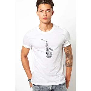 Saksafon Baskılı Beyaz Erkek Örme Tshirt