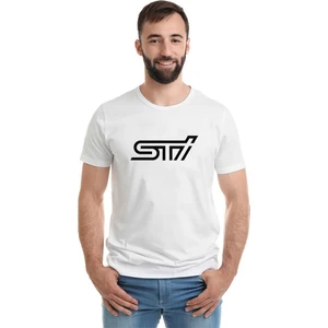 Araba Subaru Sti Baskılı Beyaz Erkek Örme Tişört