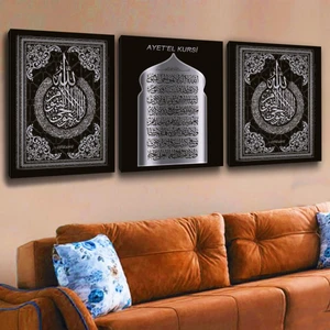 Zevahir Mobilya Dekorasyon 3'lü Kanvas 50 X 70 Cm Ayetel Kürsi Tablosu