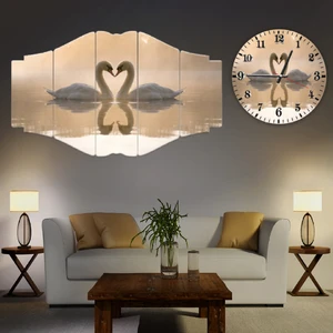 ZEVAHİR MOBİLYA DEKORASYON Zevahir 5 Parça Mdf Aşk Kuğuları Tablo ve Mdf Saat Kombin