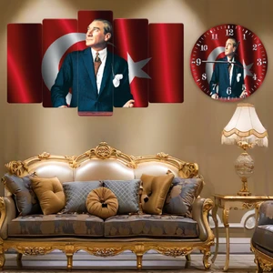 ZEVAHİR MOBİLYA DEKORASYON Zevahir 5 Parça Mdf Başöğretmen Atatürk Tablosu ve Mdf Saat Kombin