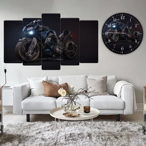 ZEVAHİR MOBİLYA DEKORASYON Zevahir 5 Parça Mdf Motorsiklet Görselli Tablo ve Mdf Saat Kombin