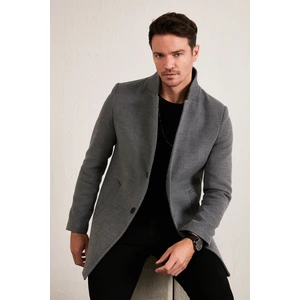 Slim Fit Tek Yırtmaçlı Düğmeli Dik Yaka Kaşe Kaban Erkek KABAN 5840110