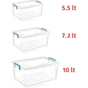 Plastik Saklama Kabı Kilit Kapaklı Saklama Kutusu Düzenleyici 5.5LT+7.2LT+10LT 3'lü Set