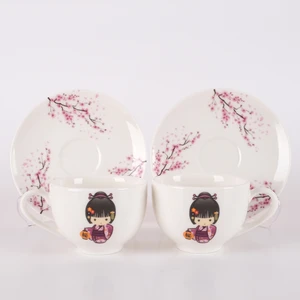 Tebak Collection 2 Kişilik Kokeshi Bebekleri Mor Desenli Porselen Türk Kahve Fincan Takımı