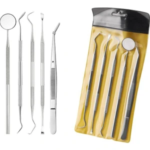 Paslanmaz Çelik Diş Temizleme Ağız Bakımı 5 Li Set Ayna Orak Skaler Spatula Cımbız