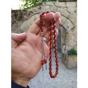 Sultan Telkari Sürmeli Model Beyzi Kesim Kırmızı Tonda Toz Kehribar Tesbih