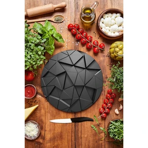 Siyah Üçgen Desenli Cam Kesme Tahtası - Cam Kesme Tablası - Sunum Tabağı| Çap 32 cm