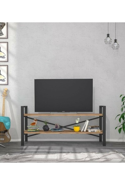 Morpanya Metal Tv Sehpası Raflı Tv Ünitesi Televizyon Sehpası LCD Tv Masası Ceviz MP118