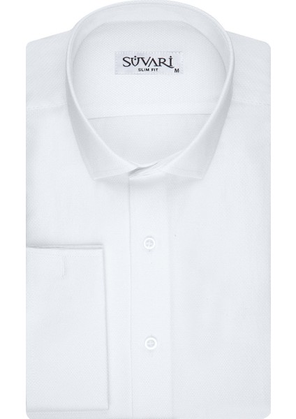 Slim Fit Armür Desenli Beyaz Erkek Gömlek