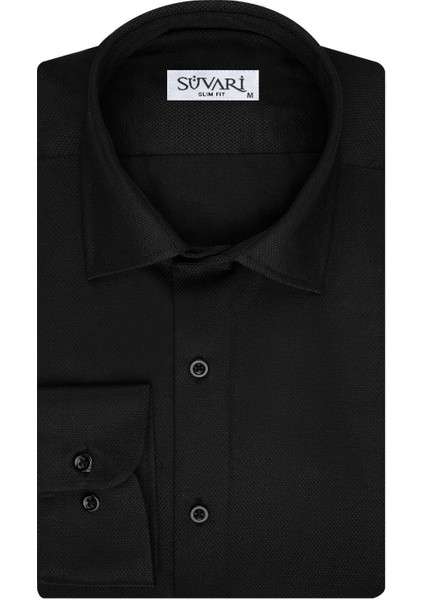 Slim Fit Armür Desenli Siyah Erkek Gömlek