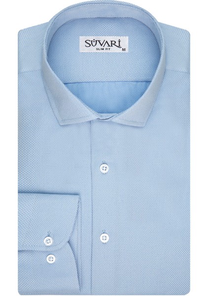 Slim Fit Armür Desenli Açık Mavi Erkek Gömlek