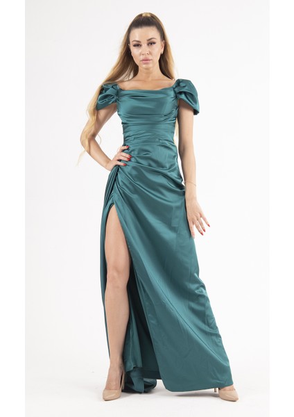 Zümrüt Drape Detaylı Saten Kumaş Abiye 9704858.123