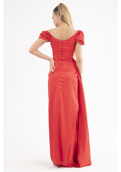 Kırmızı Drape Detaylı Saten Kumaş Abiye 9704858.08