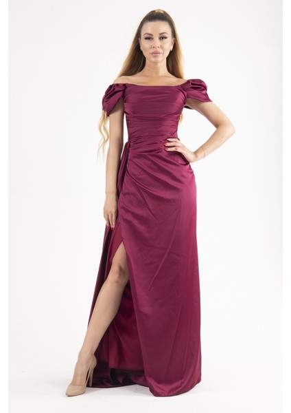 Mürdüm Drape Detaylı Saten Kumaş Abiye 9704858.21