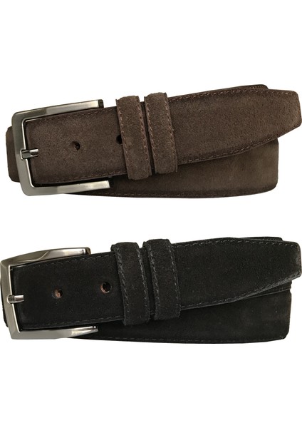 Süet Deri 2'li Set Klasik Kumaş Pantolon Kemeri; Siyah, Koyu Kahverengi 3,5 cm