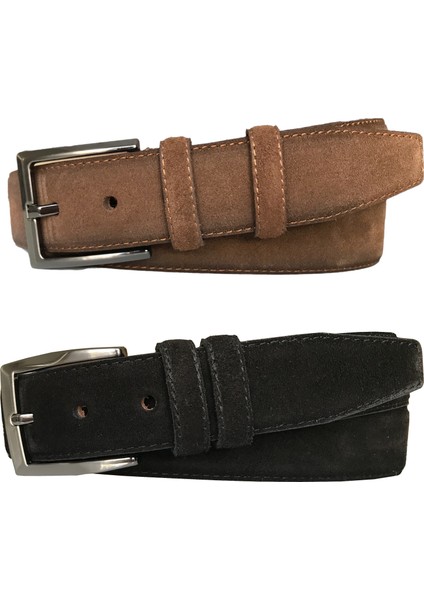 Süet Deri 2'li Set Klasik Kumaş Pantolon Kemeri; Siyah, Açık Kahverengi 3,5 cm