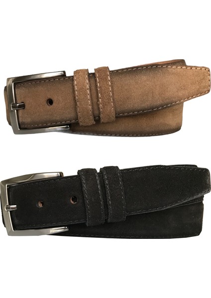 Süet Deri 2'li Set Klasik Kumaş Pantolon Kemeri; Siyah, Vizon 3,5 cm