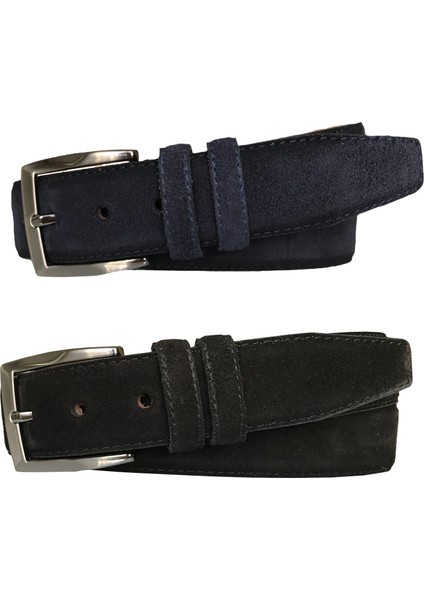 Süet Deri 2'li Set Klasik Kumaş Pantolon Kemeri; Siyah, Lacivert 3,5 cm