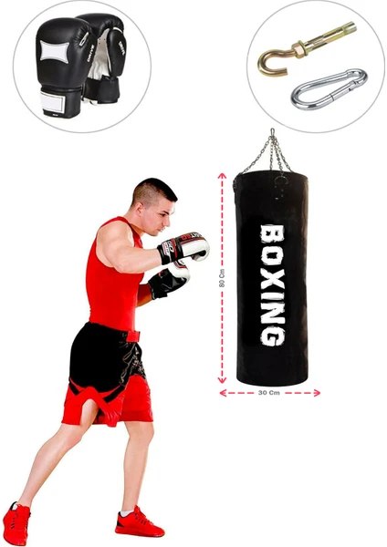 Spor Byfit 80 cm x 30 cm Siyah Boks Torbası + Boks Eldiveni +  Tavan Kancası - 3' Lü Set - Dolu