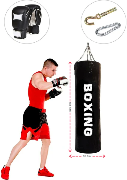 Spor Byfit 120 cm x 35 cm Siyah Boks Torbası + Boks Eldiveni +  Tavan Kancası - 3' Lü Set - Dolu