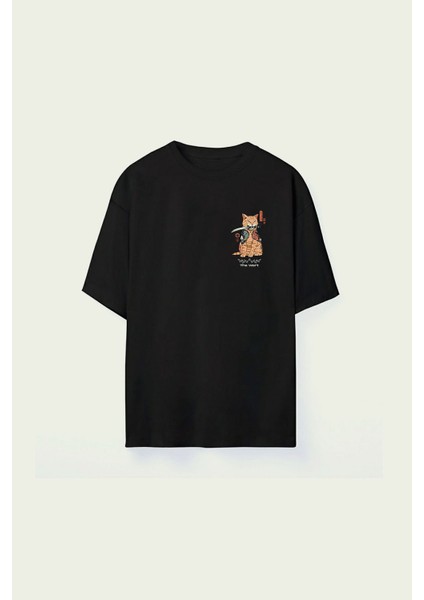 Erkek Samuray Cat Baskılı Siyah Oversize Tshirt