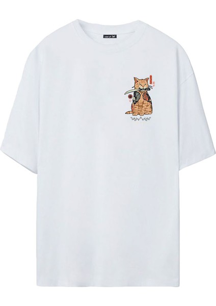 Erkek Samuray Cat Baskılı Beyaz Oversize Tshirt