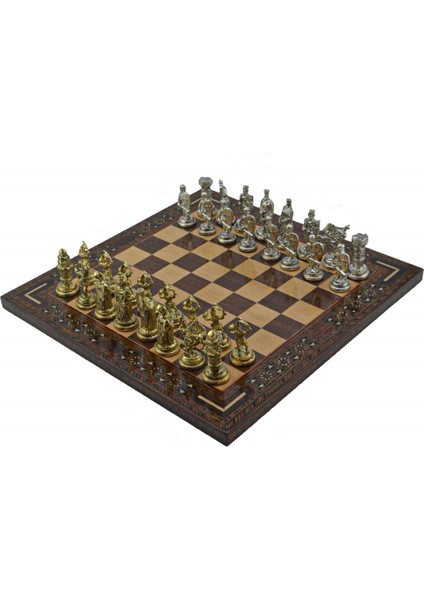 Metal Satranç Takımı Seti Orta Osmanlı Bizans Parlak ve Ceviz Düz Masif Satranç Tahtası