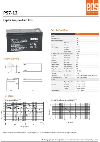 Unıtech 12V-7AH Bakımsız Kuru Akü