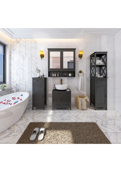 Interbuild Masif Akasya ve Mdf Den Mamul,ahşap Depolama Banyo Dolabı 40X40X102 Cm, Antrasit