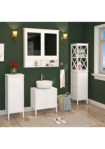 Interbuild Masif Akasya ve Mdf Den Mamul,ahşap Depolama Banyo Dolabı 40X40X102 Cm, Beyaz