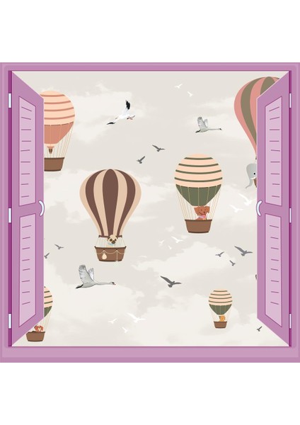 Çocuk Odası Bebek Odası Pencere Poster Duvar Kağıdı Balonlar Kuşlar