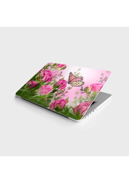 Laptop Sticker Bilgisayar Notebook Pc Kaplama Etiketi Pembe Güller Kelebek