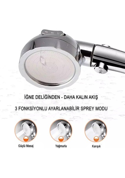 Su Tasarruflu 3 Fonksiyonlu Aç/kapa Butonlu Hortum Mafsal Duş Başlığı