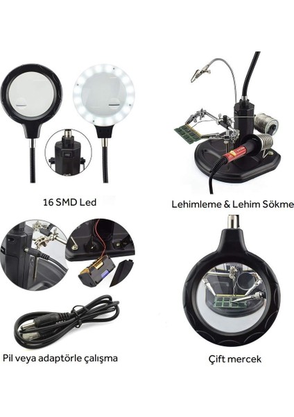 ACN-129 Masaüstü Büyüteç Li Ledli Havya Sehpası Havya Standı fiyatları