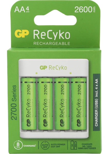 Gp Recyko E411 USB Aa-Aaa Şarj Cihazı Gp Recyko 2700 Serisi Aa Kalem Pil 4'lü