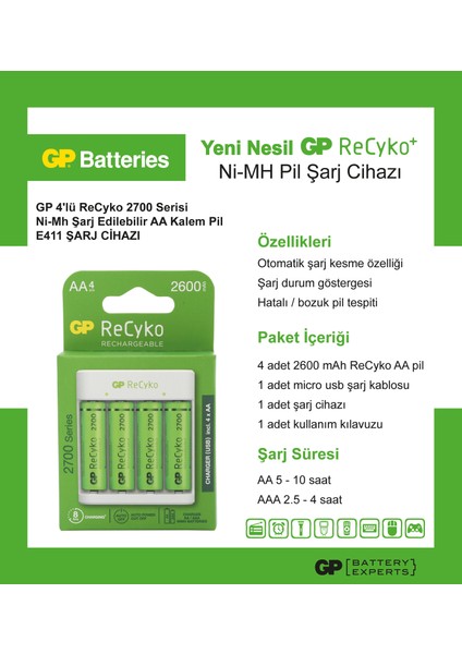 Gp Recyko E411 USB Aa-Aaa Şarj Cihazı Gp Recyko 2700 Serisi Aa Kalem Pil 4'lü