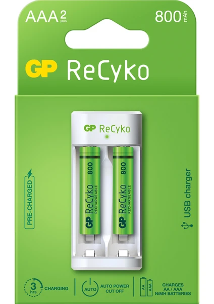 Gp Recyko E211 USB Aa-Aaa Şarj Cihazı Gp Recyko 800 Mah Aaa Ince Pil 2'li