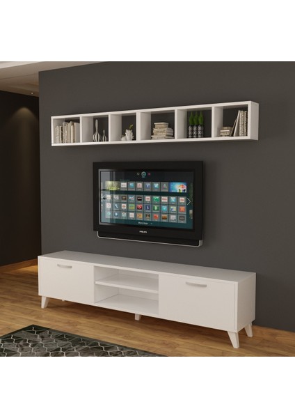 Dekormer Design Tv Ünitesi Dolaplı Beyaz 180 cm ve Kitaplıklar