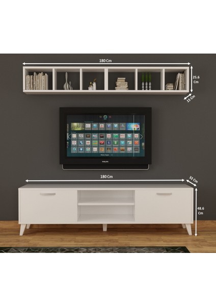 Dekormer Design Tv Ünitesi Dolaplı Beyaz 180 cm ve Kitaplıklar