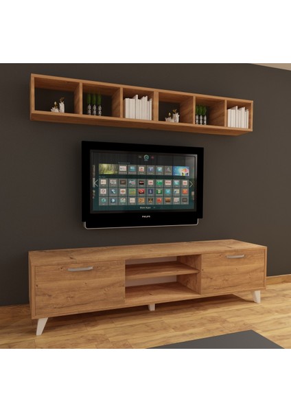 Dekormer Design Tv Ünitesi Dolaplı Kahve 180 cm ve Kitaplıklar