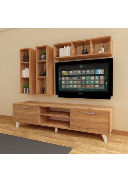 Dekormer Design Tv Ünitesi Dolaplı Kahve 180 cm ve Kitaplık